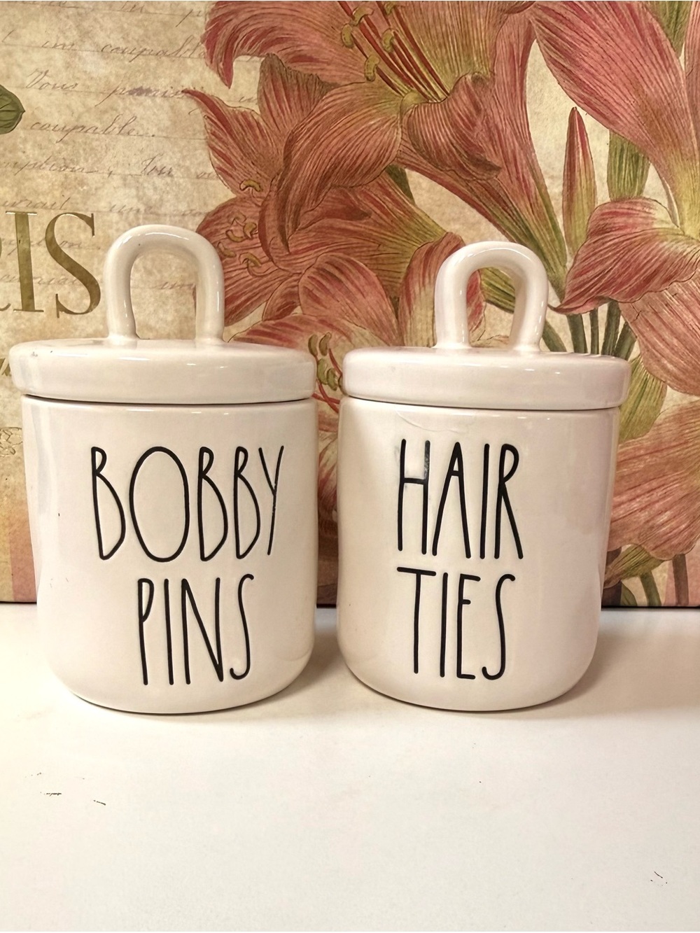 Rae Dunn White Ceramic 'Bobby Pins' & 'Hair Ties' Storage Jars